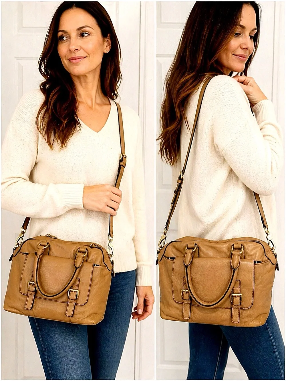 Boden Tan Leather Crossbody Satchel Bag – Soft Pebbled Leather